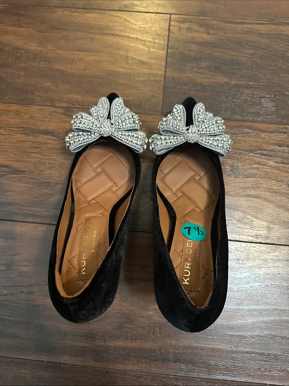 Kurt Geiger Black Velvet Ballet Flats with Crystal Bow